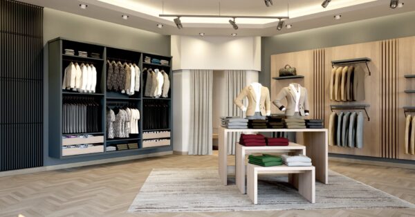 Clothing showroom with assorted wooden tables and cabinets constructed using LC P-16 connectors