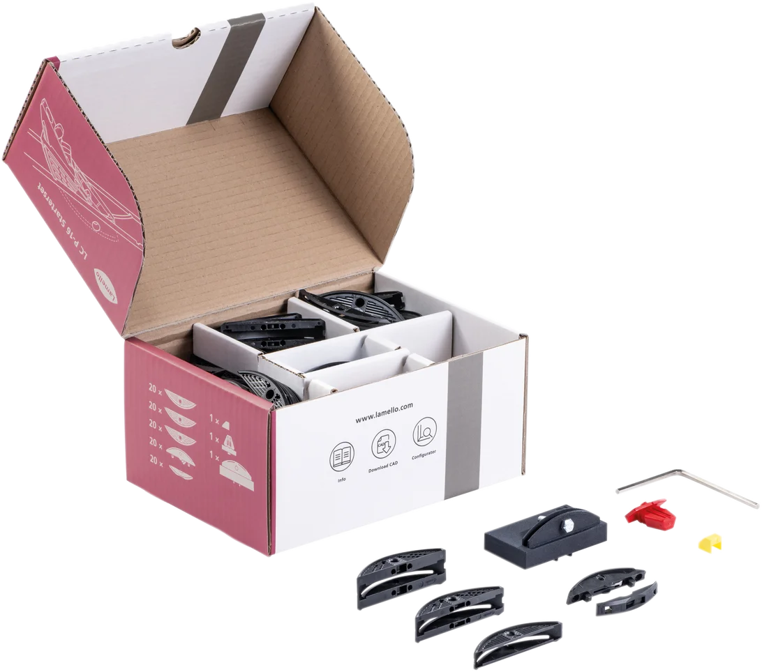 Lamello-145700-LC-P-16-Starterset-iso LC P-16 Starterset - Includes: 20 LC P-16x11, 20 LC P-16x17, 20 LC P-16x22, 20 pairs Clamex P-14/10, Positioning clip, Clamex P drill jig, Depth adjuster cap, and allen key