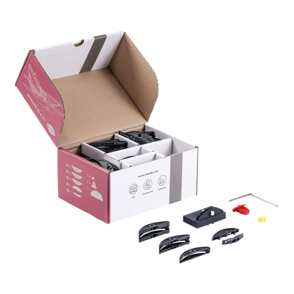 LC P-16 Starterset - Includes: 20 LC P-16x11, 20 LC P-16x17, 20 LC P-16x22, 20 pairs Clamex P-14/10, Positioning clip, Clamex P drill jig, Depth adjuster cap, and allen key